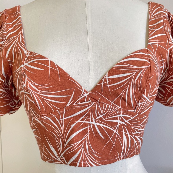 NEW Linen Crop Top Back Tie Brown White Patterned Puff Sleeves Sweetheart - Picture 8 of 10